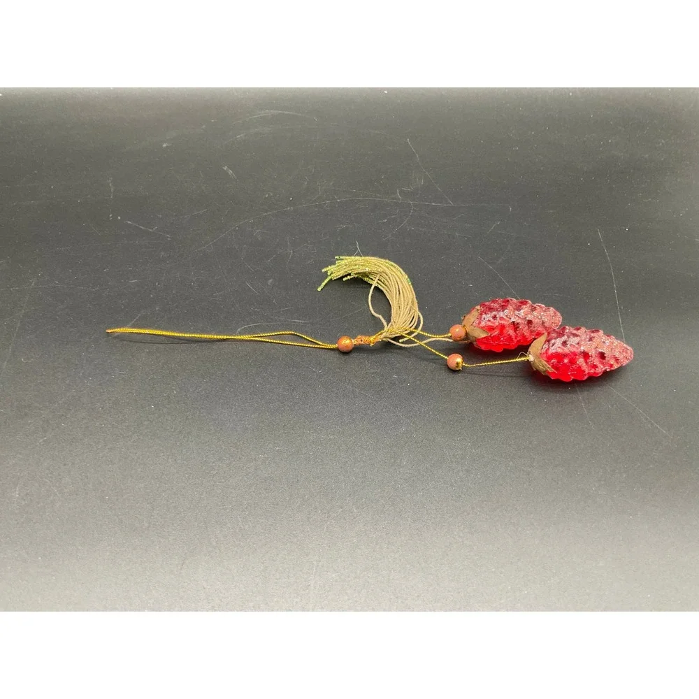 Vintage MCM Red Glitter‎ Pinecone Christmas Ornament with Tassel Gold Japan